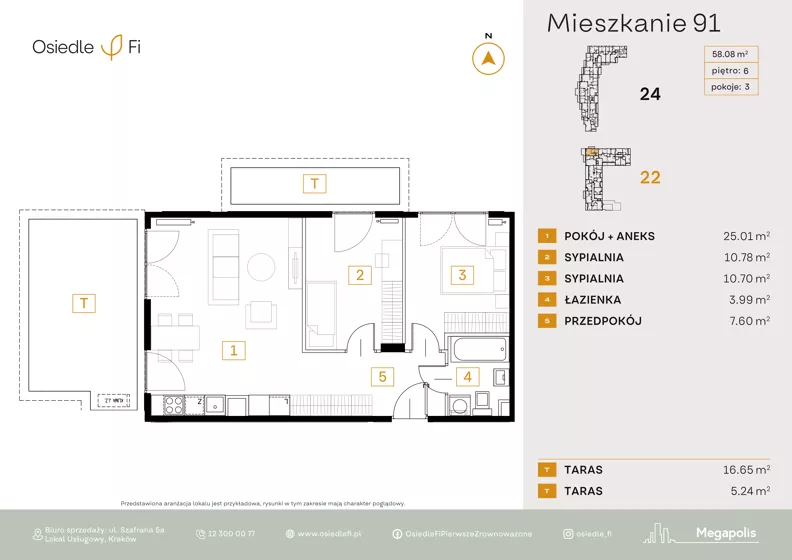 3 pokoje, mieszkanie 58,05 m², piętro 6, oferta nr B3.6.M102.3P, Nowe Osiedle Fi, Kraków, Podgórze, Mateczny, ul. Rzemieślnicza 22/24