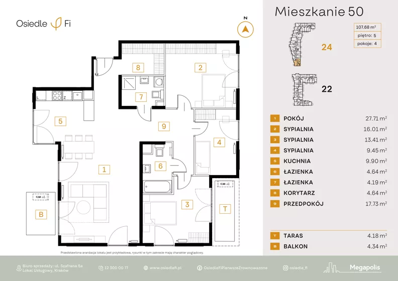 4 pokoje, mieszkanie 107,20 m², piętro 5, oferta nr A3.2.M211.2P, Nowe Osiedle Fi, Kraków, Podgórze, Mateczny, ul. Rzemieślnicza 22/24