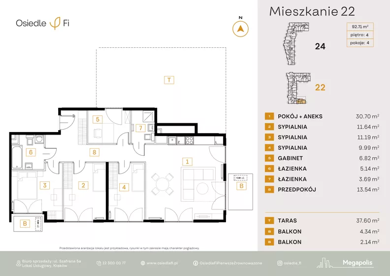 4 pokoje, mieszkanie 92,53 m², piętro 4, oferta nr B1.2.M12.3P, Nowe Osiedle Fi, Kraków, Podgórze, Mateczny, ul. Rzemieślnicza 22/24