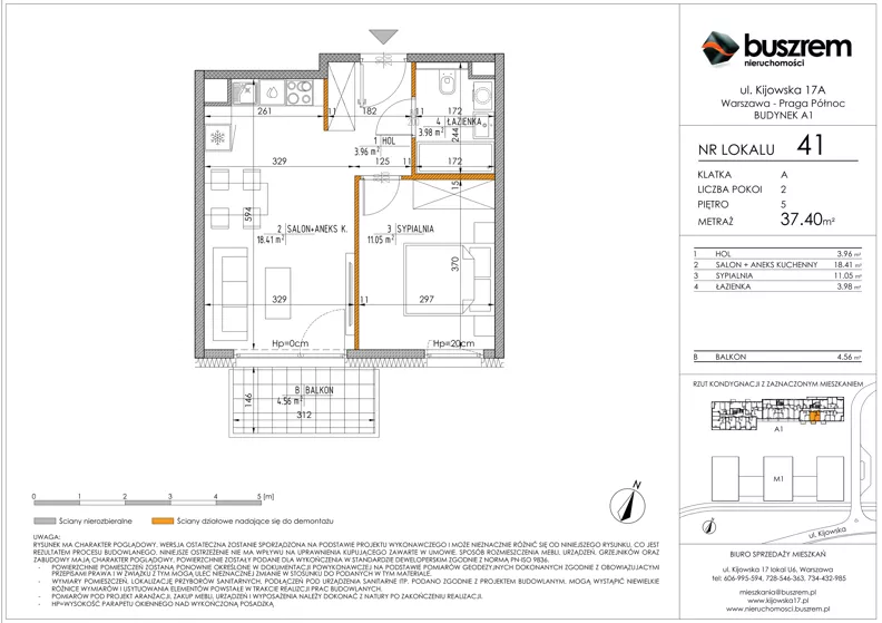 2 pokoje, mieszkanie 37,40 m², piętro 5, oferta nr 41, Kijowska 17A, Warszawa, Praga Północ, ul. Kijowska 17A