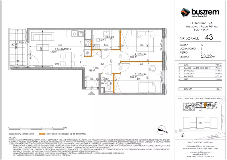 3 pokoje, mieszkanie 53,32 m², piętro 5, oferta nr 43, Kijowska 17A, Warszawa, Praga Północ, ul. Kijowska 17A