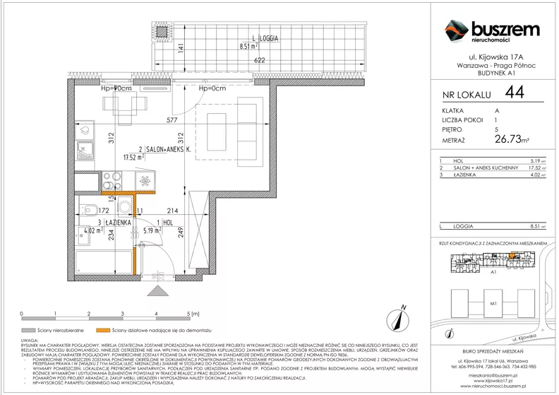 1 pokój, mieszkanie 26,73 m², piętro 5, oferta nr 44, Kijowska 17A, Warszawa, Praga Północ, ul. Kijowska 17A