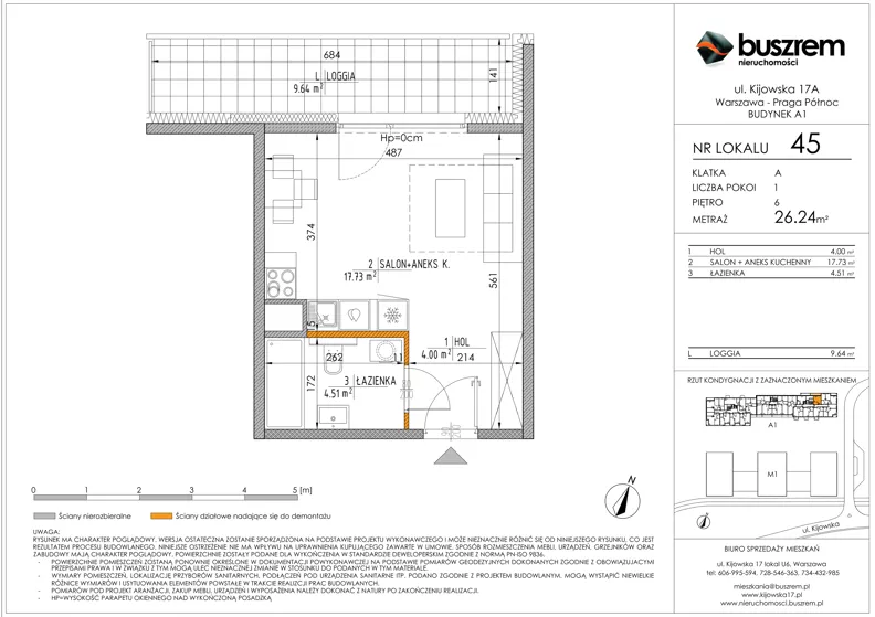 1 pokój, mieszkanie 26,24 m², piętro 6, oferta nr 45, Kijowska 17A, Warszawa, Praga Północ, ul. Kijowska 17A