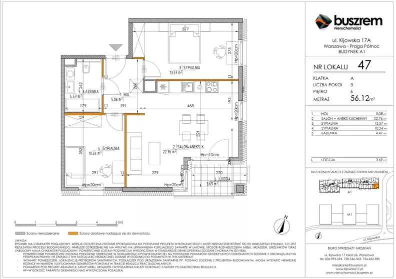 3 pokoje, mieszkanie 56,12 m², piętro 6, oferta nr 47, Kijowska 17A, Warszawa, Praga Północ, ul. Kijowska 17A