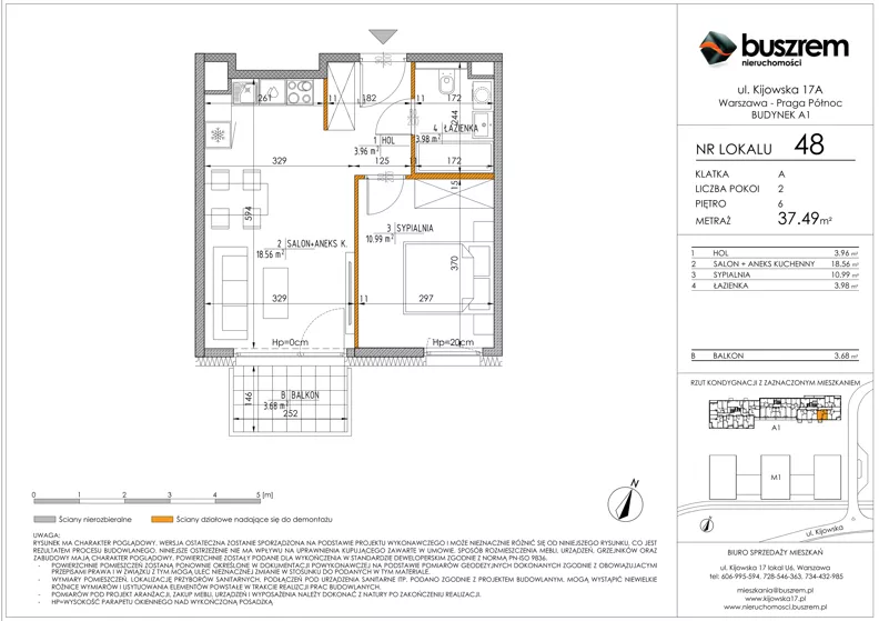 2 pokoje, mieszkanie 37,49 m², piętro 6, oferta nr 48, Kijowska 17A, Warszawa, Praga Północ, ul. Kijowska 17A