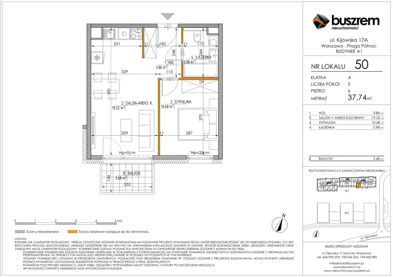 2 pokoje, mieszkanie 37,74 m², piętro 6, oferta nr 50, Kijowska 17A, Warszawa, Praga Północ, ul. Kijowska 17A