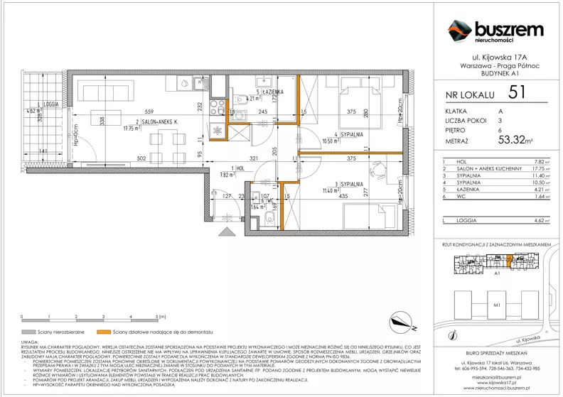 3 pokoje, mieszkanie 53,32 m², piętro 6, oferta nr 51, Kijowska 17A, Warszawa, Praga Północ, ul. Kijowska 17A