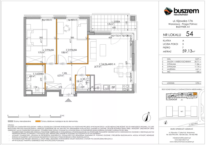 3 pokoje, mieszkanie 59,13 m², piętro 7, oferta nr 54, Kijowska 17A, Warszawa, Praga Północ, ul. Kijowska 17A