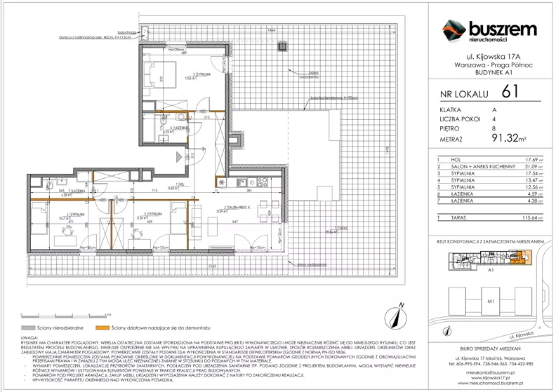 4 pokoje, mieszkanie 91,32 m², piętro 8, oferta nr 61, Kijowska 17A, Warszawa, Praga Północ, ul. Kijowska 17A