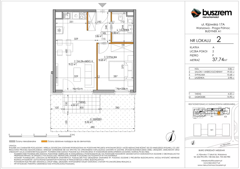 2 pokoje, mieszkanie 37,74 m², parter, oferta nr 2, Kijowska 17A, Warszawa, Praga Północ, ul. Kijowska 17A