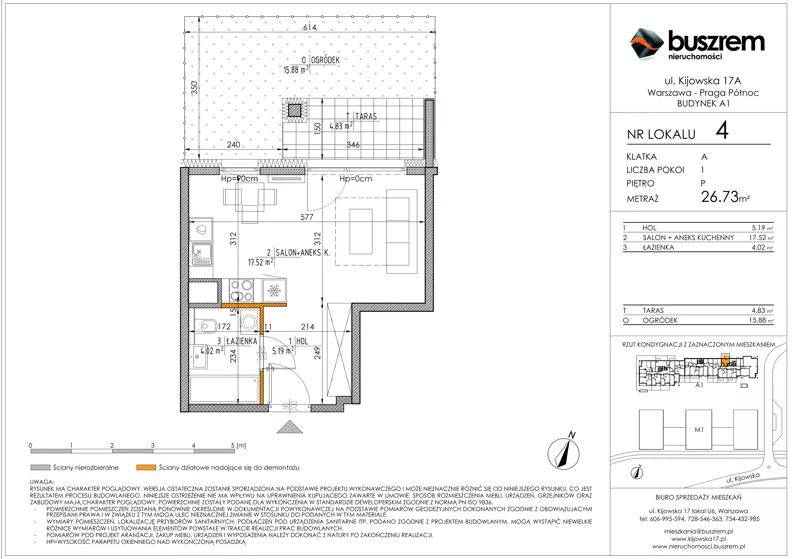 1 pokój, mieszkanie 26,73 m², parter, oferta nr 4, Kijowska 17A, Warszawa, Praga Północ, ul. Kijowska 17A