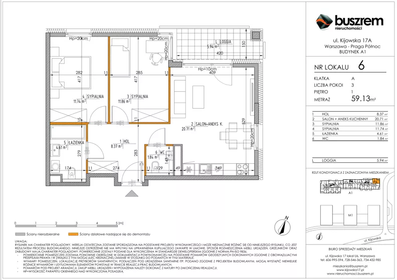 3 pokoje, mieszkanie 59,13 m², piętro 1, oferta nr 6, Kijowska 17A, Warszawa, Praga Północ, ul. Kijowska 17A
