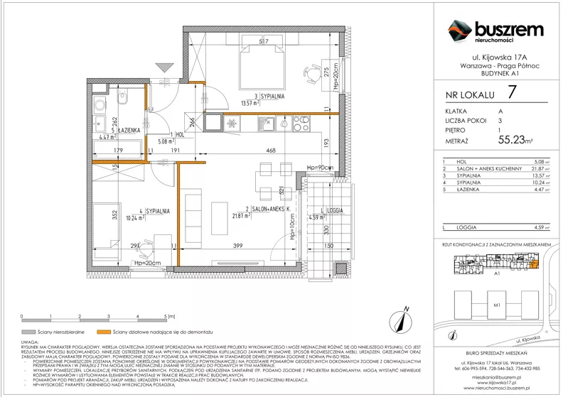 3 pokoje, mieszkanie 55,23 m², piętro 1, oferta nr 7, Kijowska 17A, Warszawa, Praga Północ, ul. Kijowska 17A