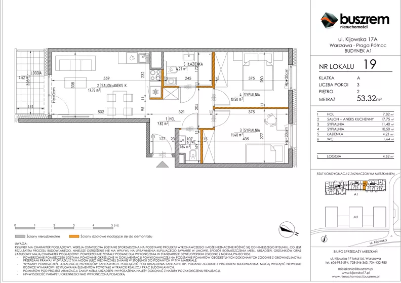 3 pokoje, mieszkanie 53,32 m², piętro 2, oferta nr 19, Kijowska 17A, Warszawa, Praga Północ, ul. Kijowska 17A