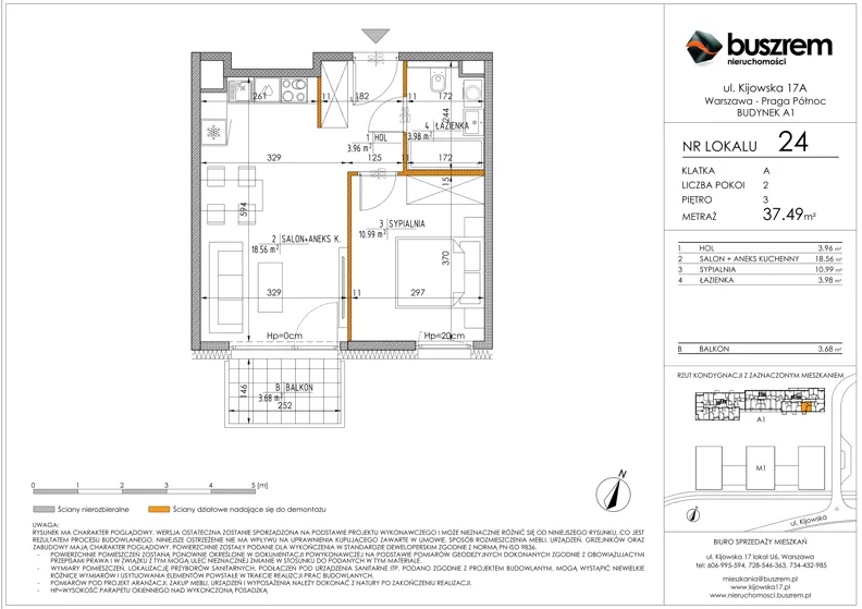 2 pokoje, mieszkanie 37,49 m², piętro 3, oferta nr 24, Kijowska 17A, Warszawa, Praga Północ, ul. Kijowska 17A