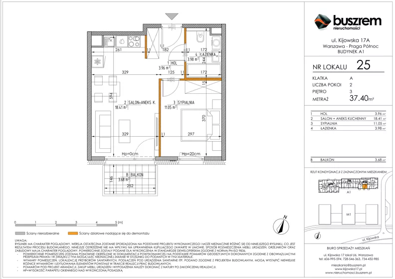 2 pokoje, mieszkanie 37,40 m², piętro 3, oferta nr 25, Kijowska 17A, Warszawa, Praga Północ, ul. Kijowska 17A