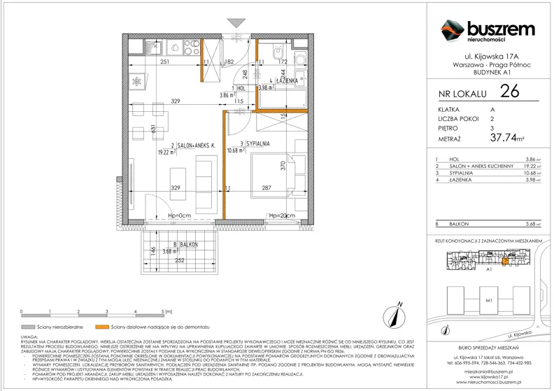 2 pokoje, mieszkanie 37,74 m², piętro 3, oferta nr 26, Kijowska 17A, Warszawa, Praga Północ, ul. Kijowska 17A