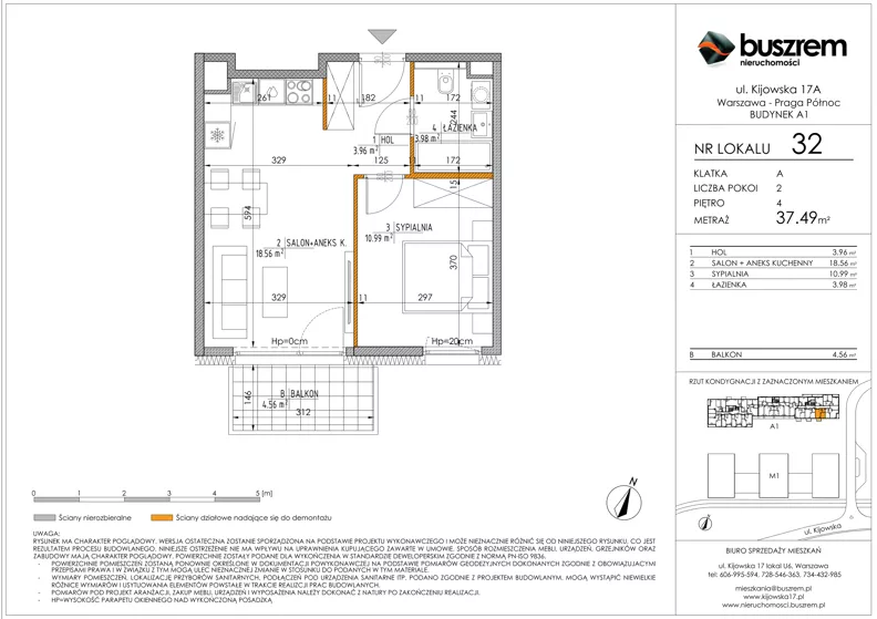 2 pokoje, mieszkanie 37,49 m², piętro 4, oferta nr 32, Kijowska 17A, Warszawa, Praga Północ, ul. Kijowska 17A