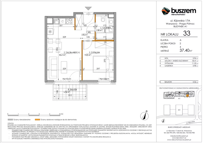2 pokoje, mieszkanie 37,40 m², piętro 4, oferta nr 33, Kijowska 17A, Warszawa, Praga Północ, ul. Kijowska 17A
