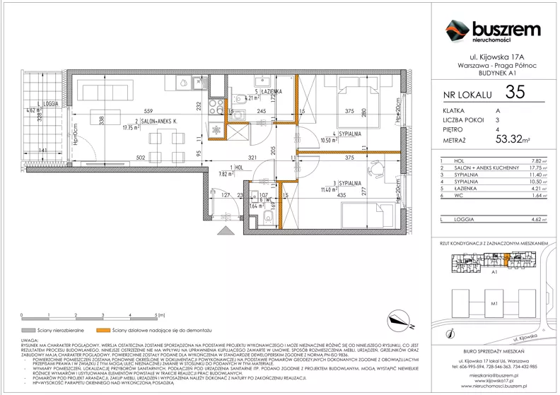 3 pokoje, mieszkanie 53,32 m², piętro 4, oferta nr 35, Kijowska 17A, Warszawa, Praga Północ, ul. Kijowska 17A