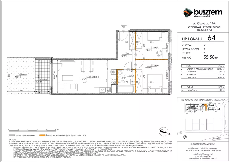 3 pokoje, mieszkanie 55,58 m², parter, oferta nr 64, Kijowska 17A, Warszawa, Praga Północ, ul. Kijowska 17A