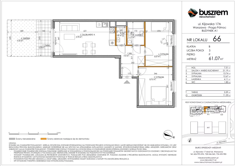 3 pokoje, mieszkanie 61,07 m², parter, oferta nr 66, Kijowska 17A, Warszawa, Praga Północ, ul. Kijowska 17A
