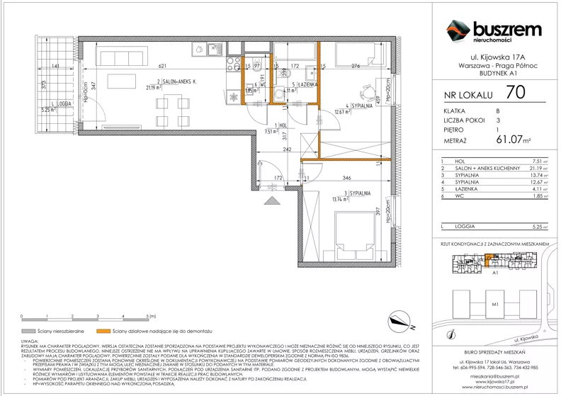 3 pokoje, mieszkanie 61,07 m², piętro 1, oferta nr 70, Kijowska 17A, Warszawa, Praga Północ, ul. Kijowska 17A