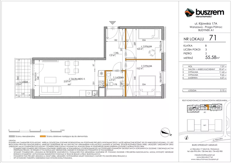 3 pokoje, mieszkanie 55,58 m², piętro 2, oferta nr 71, Kijowska 17A, Warszawa, Praga Północ, ul. Kijowska 17A