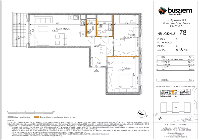 3 pokoje, mieszkanie 61,07 m², piętro 3, oferta nr 78, Kijowska 17A, Warszawa, Praga Północ, ul. Kijowska 17A