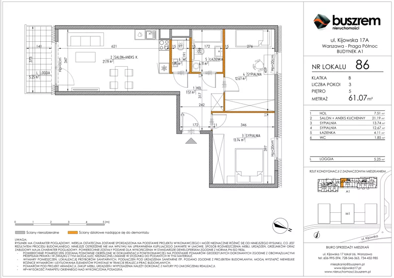 3 pokoje, mieszkanie 61,07 m², piętro 5, oferta nr 86, Kijowska 17A, Warszawa, Praga Północ, ul. Kijowska 17A
