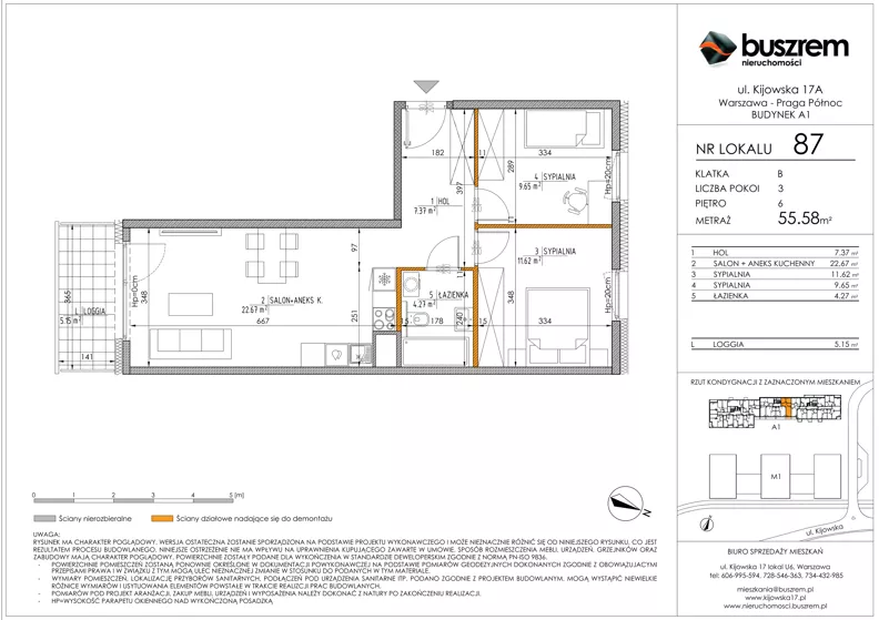 3 pokoje, mieszkanie 55,58 m², piętro 6, oferta nr 87, Kijowska 17A, Warszawa, Praga Północ, ul. Kijowska 17A