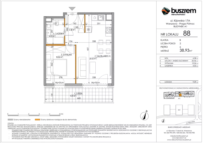 2 pokoje, mieszkanie 38,93 m², piętro 6, oferta nr 88, Kijowska 17A, Warszawa, Praga Północ, ul. Kijowska 17A