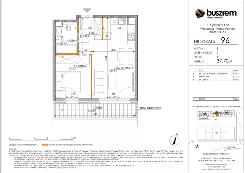 2 pokoje, mieszkanie 37,70 m², piętro 8, oferta nr 96, Kijowska 17A, Warszawa, Praga Północ, ul. Kijowska 17A