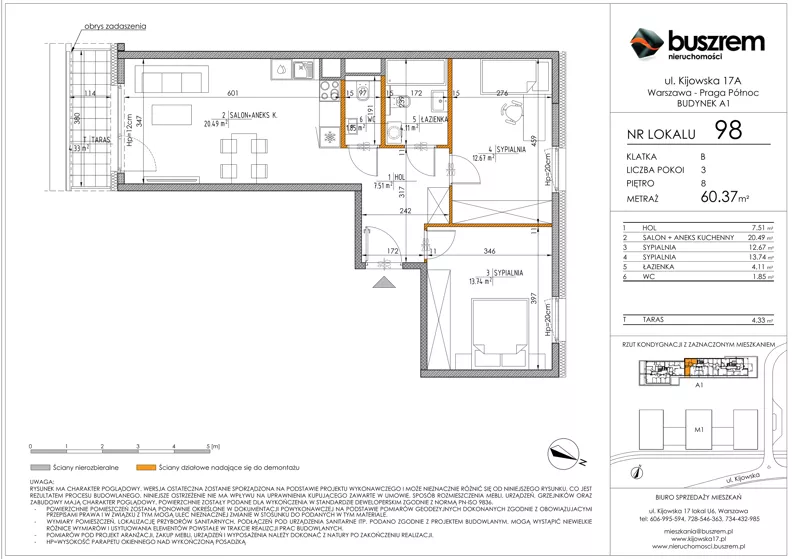 3 pokoje, mieszkanie 60,37 m², piętro 8, oferta nr 98, Kijowska 17A, Warszawa, Praga Północ, ul. Kijowska 17A