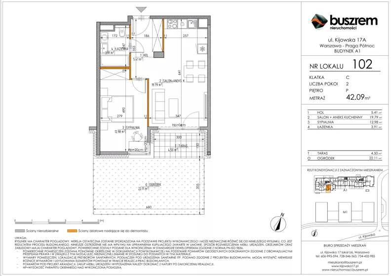 2 pokoje, mieszkanie 42,09 m², parter, oferta nr 102, Kijowska 17A, Warszawa, Praga Północ, ul. Kijowska 17A