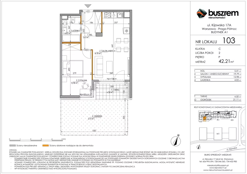 2 pokoje, mieszkanie 42,21 m², parter, oferta nr 103, Kijowska 17A, Warszawa, Praga Północ, ul. Kijowska 17A