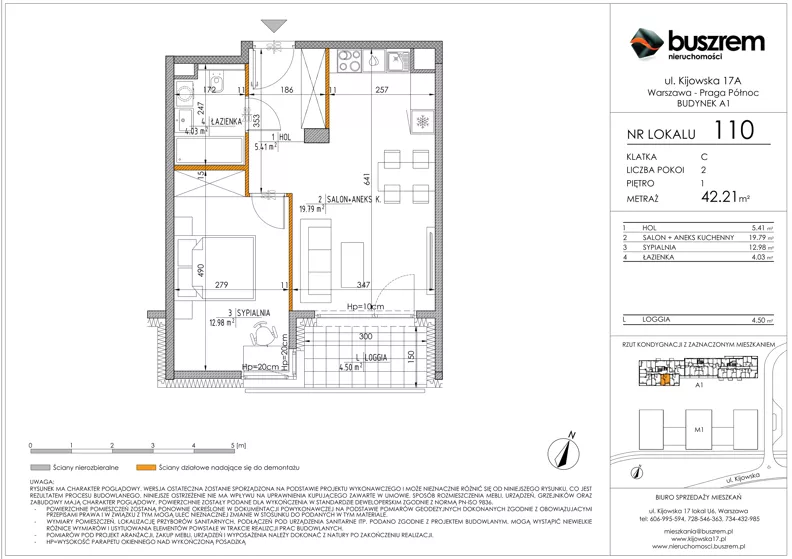 2 pokoje, mieszkanie 42,21 m², piętro 1, oferta nr 110, Kijowska 17A, Warszawa, Praga Północ, ul. Kijowska 17A