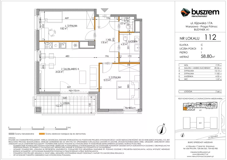 3 pokoje, mieszkanie 58,80 m², piętro 1, oferta nr 112, Kijowska 17A, Warszawa, Praga Północ, ul. Kijowska 17A