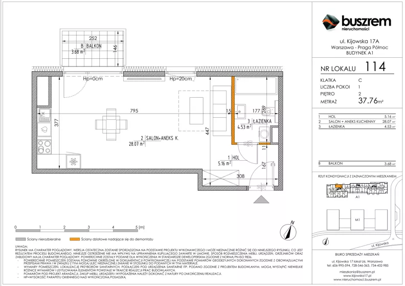 1 pokój, mieszkanie 37,76 m², piętro 2, oferta nr 114, Kijowska 17A, Warszawa, Praga Północ, ul. Kijowska 17A
