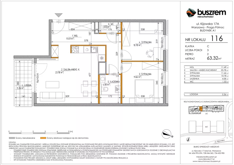 3 pokoje, mieszkanie 63,32 m², piętro 2, oferta nr 116, Kijowska 17A, Warszawa, Praga Północ, ul. Kijowska 17A
