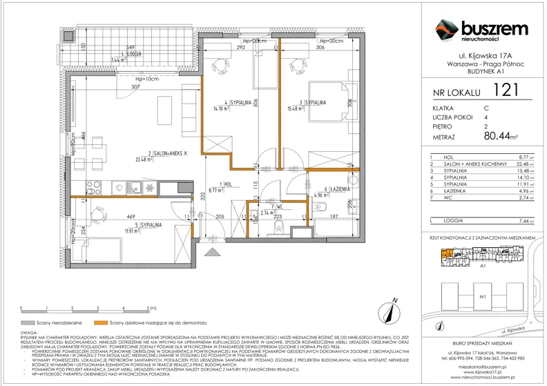 4 pokoje, mieszkanie 80,44 m², piętro 2, oferta nr 121, Kijowska 17A, Warszawa, Praga Północ, ul. Kijowska 17A