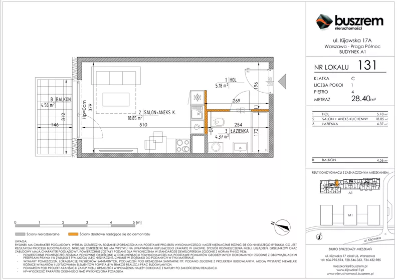1 pokój, mieszkanie 28,40 m², piętro 4, oferta nr 131, Kijowska 17A, Warszawa, Praga Północ, ul. Kijowska 17A