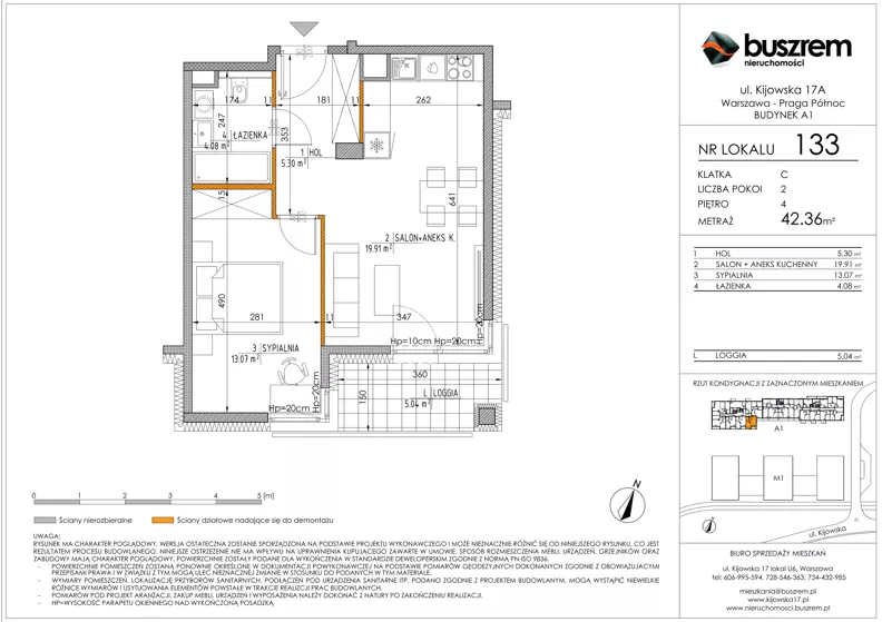 2 pokoje, mieszkanie 42,36 m², piętro 4, oferta nr 133, Kijowska 17A, Warszawa, Praga Północ, ul. Kijowska 17A