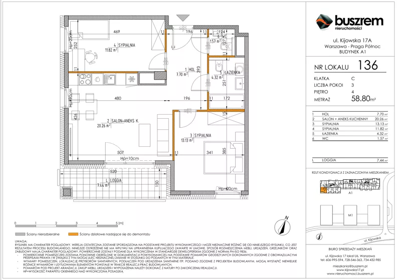 3 pokoje, mieszkanie 58,80 m², piętro 4, oferta nr 136, Kijowska 17A, Warszawa, Praga Północ, ul. Kijowska 17A