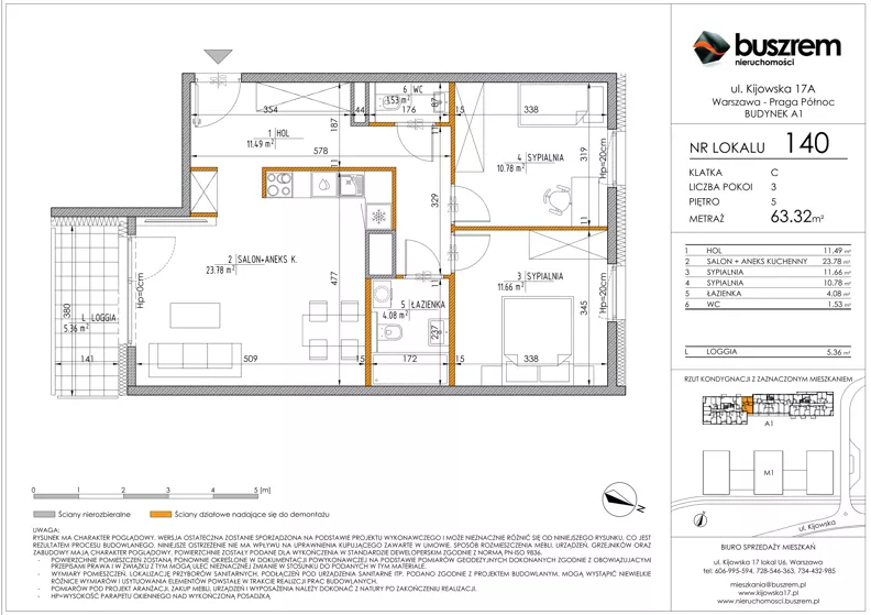 3 pokoje, mieszkanie 63,32 m², piętro 5, oferta nr 140, Kijowska 17A, Warszawa, Praga Północ, ul. Kijowska 17A
