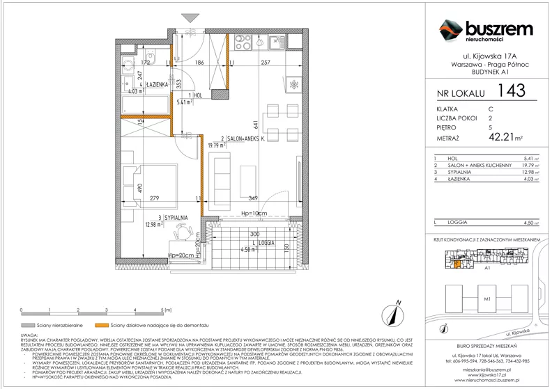 2 pokoje, mieszkanie 42,21 m², piętro 5, oferta nr 143, Kijowska 17A, Warszawa, Praga Północ, ul. Kijowska 17A