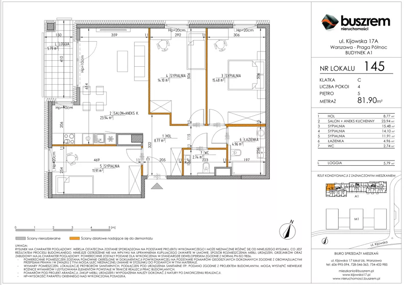 4 pokoje, mieszkanie 81,90 m², piętro 5, oferta nr 145, Kijowska 17A, Warszawa, Praga Północ, ul. Kijowska 17A