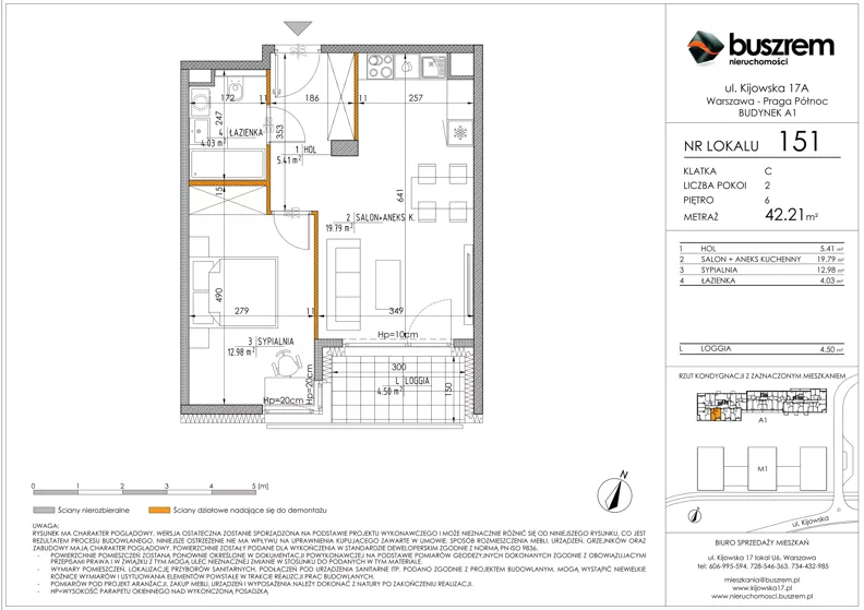 2 pokoje, mieszkanie 42,21 m², piętro 6, oferta nr 151, Kijowska 17A, Warszawa, Praga Północ, ul. Kijowska 17A
