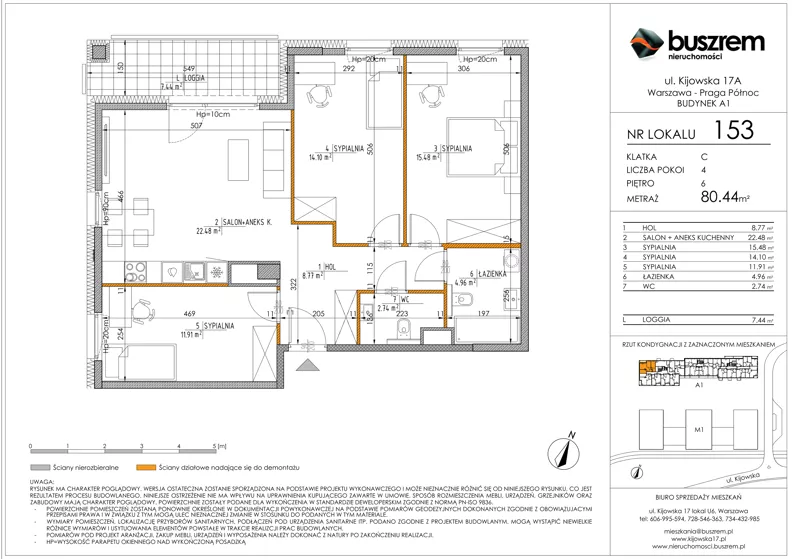 4 pokoje, mieszkanie 80,44 m², piętro 6, oferta nr 153, Kijowska 17A, Warszawa, Praga Północ, ul. Kijowska 17A