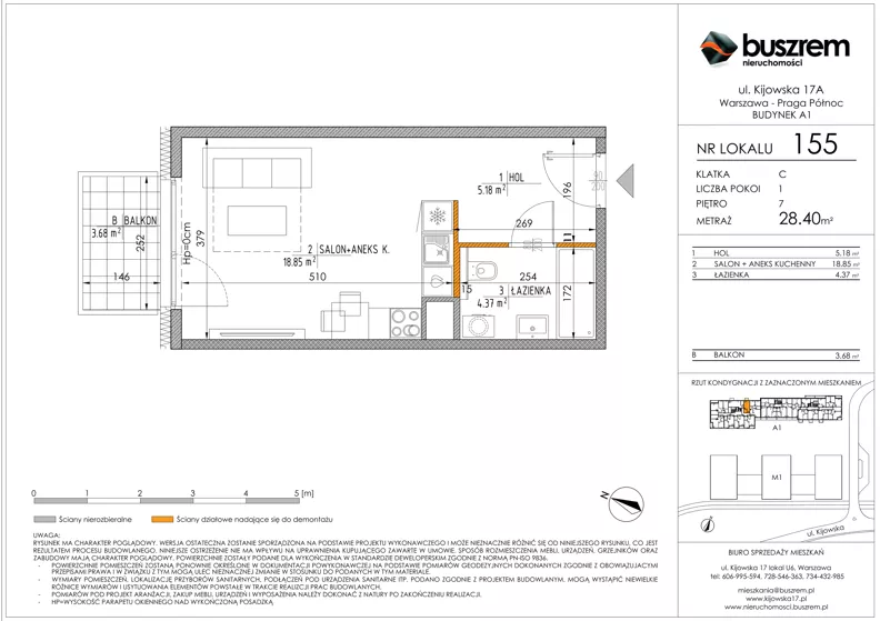 1 pokój, mieszkanie 28,40 m², piętro 7, oferta nr 155, Kijowska 17A, Warszawa, Praga Północ, ul. Kijowska 17A